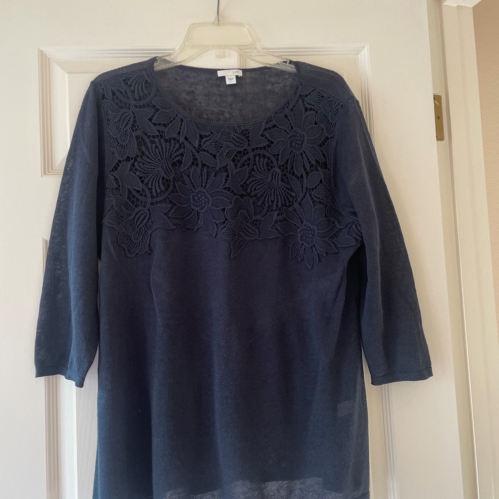 J. Jill Navy Blue Crew Neck Sweater with Floral Lace